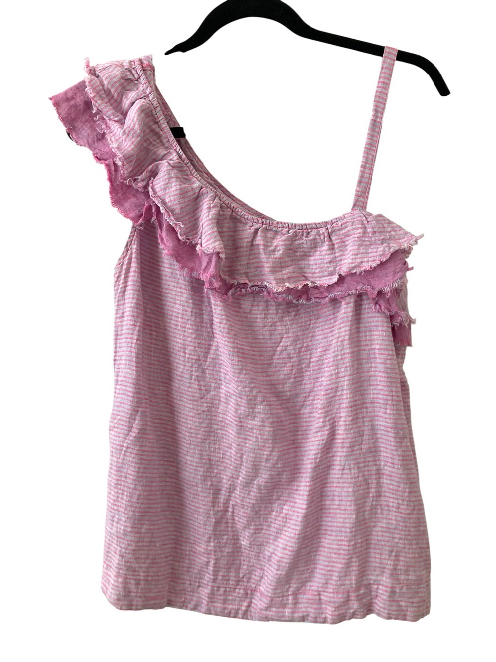 Anthropologie Linen pink purple One-Shoulder Ruffle Stripe tank Top